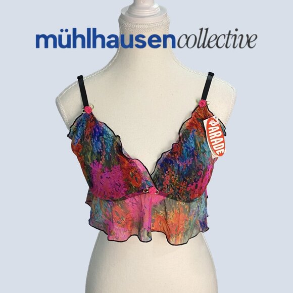 Parade Tops - NWT Parade Sheer Mesh Bralette Top Multicolor Floral Ruffle 🌈